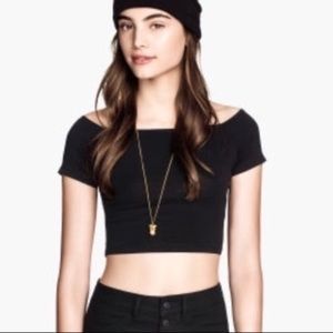 Black Ribbed Off Shoulder Crop Top Sz XS